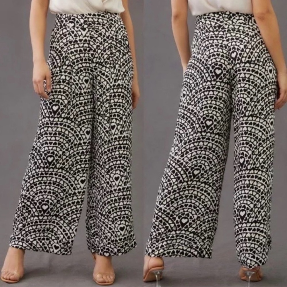 Farm Rio Anthropologie Heart Pleated Wide Leg Pants Size Large